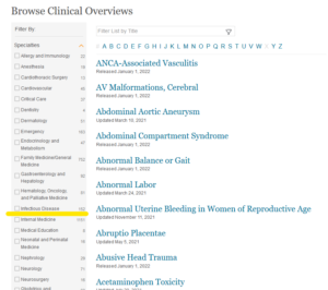 This is a screenshot of ClinicalKey showing the Specialty filter. The Infectious Disease specialty is underlined.